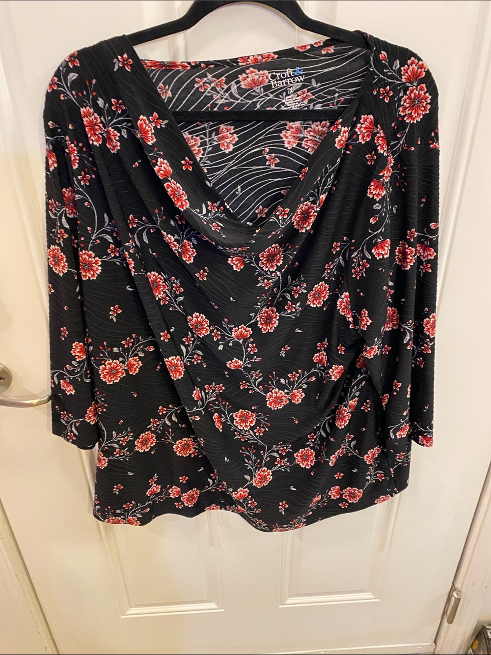 croft & barrow Black Top with Red Floral Print and Cowl Neck